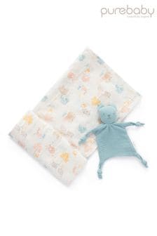 Purebaby Blue Little Nap Bear Muslin Comforter & Wrap Set (T85827) | €35