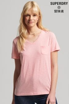 Różowy - Koszulka Superdry Studios z dekoltem w szpic i kieszonką (T86334) | 52 zł