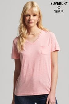 Balet roza - Superdry majica s kratkimi rokavi, V-izrezom in žepom Superdry Studios (T86334) | €12