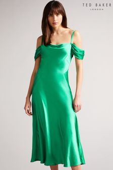 שמלת מידי עם תחתית עם צווארון עגול וכתף חשופה בצבע ירוק דגם Esta של Ted Baker (T86414) | ‏1,164 ₪