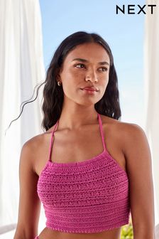 Magenta Pink Crochet Knitted Halter Top (T86685) | 72 zł