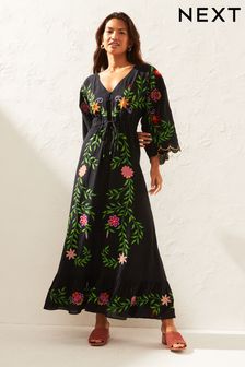 Črna cvetlična - Izvezena poletna obleka (T86686) | €113
