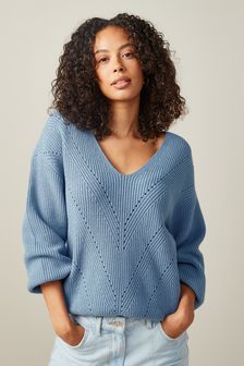 Blau - Gerippter Pullover mit V-Ausschnitt (T87293) | 36 €