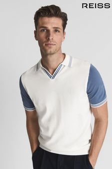 Reiss White/Blue Shark Open Collar Tipped Polo T-Shirt (T87924) | 673 SAR