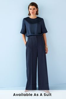 Navy Blue Stripe Tailored Wide Leg Turn Up Trousers (T88145) | €19