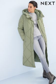 Vert sauge - Manteau de imperméable matelassé Long Diamond avec capuche (T88539) | €76