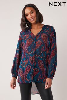 Rust Red Paisley Print Long Sleeve Detail Button-Up Blouse (T88610) | $51