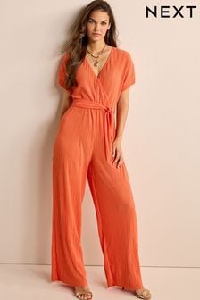 Orange Short Sleeve Plissé Jumpsuit (T88814) | $61