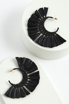 Black Raffia Fan Statement Earrings (T89010) | kr118