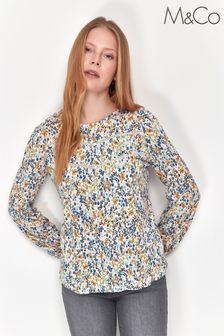 M&co Cream Floral Crinkle Long Sleeve Top (T89615) | €10