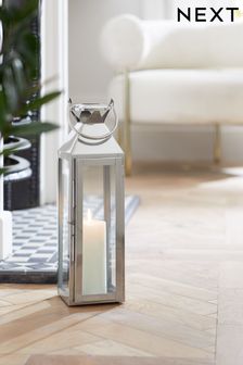Silver Medium Metal And Glass Lantern