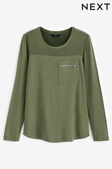 Khaki Green Zip Pocket Long Sleeve T-Shirt (T89773) | €12
