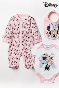 Disney Pink Minnie Mouse Rainbow Sleepsuit, Bodysuit And Bib Set (T90140) | €25
