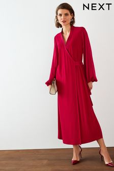 Red Long Sleeve Wrap Midi Dress (T90396) | 29 €
