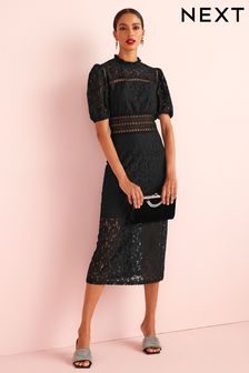 Черный - Кружевное платье миди с коротким рукавом (T90592) | €77