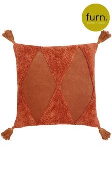 furn. Rust Brown Kantha Cotton Tassel Corduroy Cushion (T91615) | OMR14
