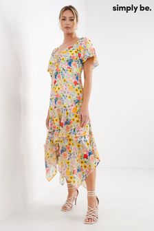 Robe mi-longue jaune Simply Be jaune froncée sur le devant et imprimée de tournesols (T94530) | €26