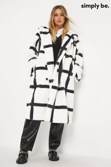 Simply Be White Double Mono Check Longline Breast Faux-fur Coat (T94737) | 285 zł