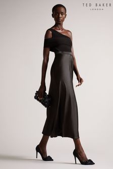 Ted Baker Ivena Black Asymmetric Knit Bodice Satin Skirt Dress (T95179) | SGD 300