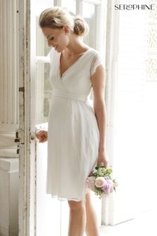 Короткое свадебное платье белого цвета для беременных с кружевом и V-образным вырезом Seraphine (T95243) | €343