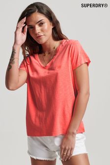 Rose fluo - T-shirt col en V brodé Superdry flambé (T95264) | €29