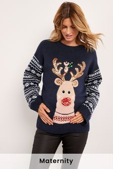 Navy Blue Maternity Christmas Reindeer Knit Jumper (T95307) | 46 €