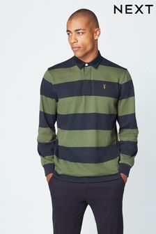 Khaki Green/ Navy Blue Stripe Rugby Polo Shirt (T95838) | CA$63