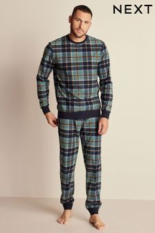 Blue Check Cuffed Motionflex Long Sleeve Cosy Pyjamas (T96008) | $42