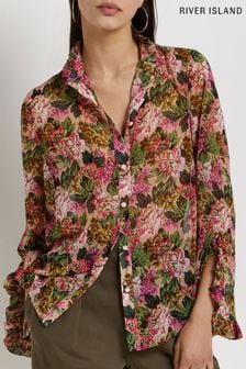 River Island Pink Bright Floral Frill Shirt (T96219) | $57