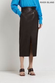חצאית מידי של River Island בצבע חום עם שסע קדמי וחגורה (T96928) | ‏196 ₪