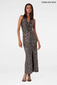 Forever New Black Petite Brooke Sequin Halter Neck Gown (T97365) | $207