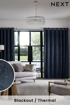 Navy Blue Next Heavyweight Chenille Eyelet Blackout/Thermal Curtains (T97964) | €89 - €209