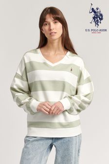 U.S. Polo Assn. Womens Green V-Neck Striped Sweatshirt (T98255) | ₪ 233