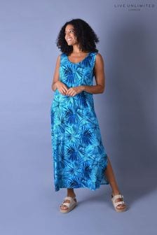 Live Unlimited LIVE Curve - Blue Palm Print Sleeveless Jersey Midi Dress (T99191) | €60