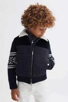 Reiss Navy Alpine Junior Hybrid Knitted-Quilted Fairisle Coat (T99368) | €98
