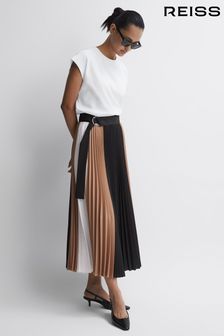 Reiss Black/Camel Ava Colourblock Pleated Midi Skirt (T99370) | AED1,282