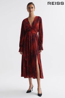 Reiss Red Maya Animal Print Blouson Sleeve Midi Dress (T99373) | €301