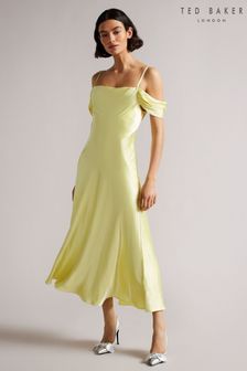 שמלת מידי של Ted Baker דגם Esta בצהוב עם כתפיים חשופות ודיטייל דראפה (T99496) | ‏1,164 ₪