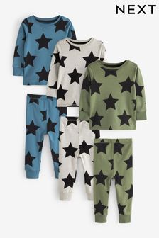  (T99574) | €40 - €54 Kakigroen/blauw/wit met sterren - Set van 3 behaaglijke pyjama's (9 mnd-12 jr)