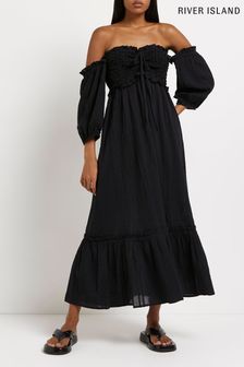 River Island Black Shirred Bardot Smock Dress (T99621) | $66