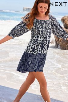 Blue/White Mix Print Off The Shoulder Square Neck Tiered Mini Dress (TGT655) | €19