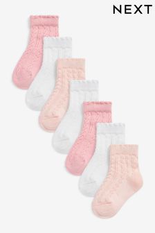 Różowo-biały dzianinowy z warkoczowym wzorem - Zestaw 7 par skarpet niemowlęcych (0m-cy-2lata) (U00441) | 47 zł