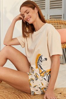 Cream Zebra Print Cotton Jersey Pyjama Short Set (U00655) | 529 UAH