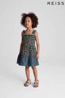 Reiss Navy Rosie Junior Abstract Print Bow Detail Dress (U00856) | LEI 396