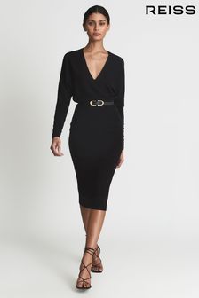 Reiss Black Jenna Wool Blend Ruched Sleeve Midi Dress (U00934) | $311