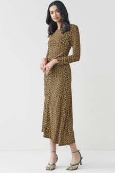 Ockergelb, geometrisch - Langärmeliges Kleid mit Raffung (U01087) | CHF 48