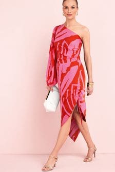 Pink/Red Print One Shoulder Ruched Detail Midi Dress (U01100) | €21