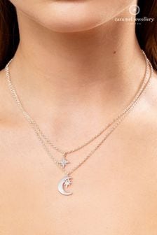 Caramel Jewellery London Silver Tone Moon & Star Double Layer Necklace