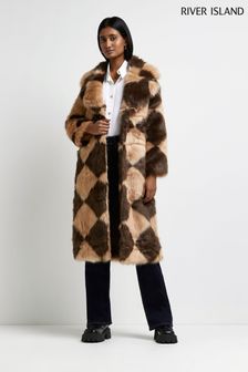 River Island Brown Light Ll Checkboard Fur Coat (U01398) | KRW197,100