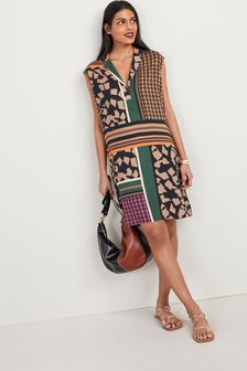 Brown Patch Print Revere Collar Mini Dress (U01825) | $38
